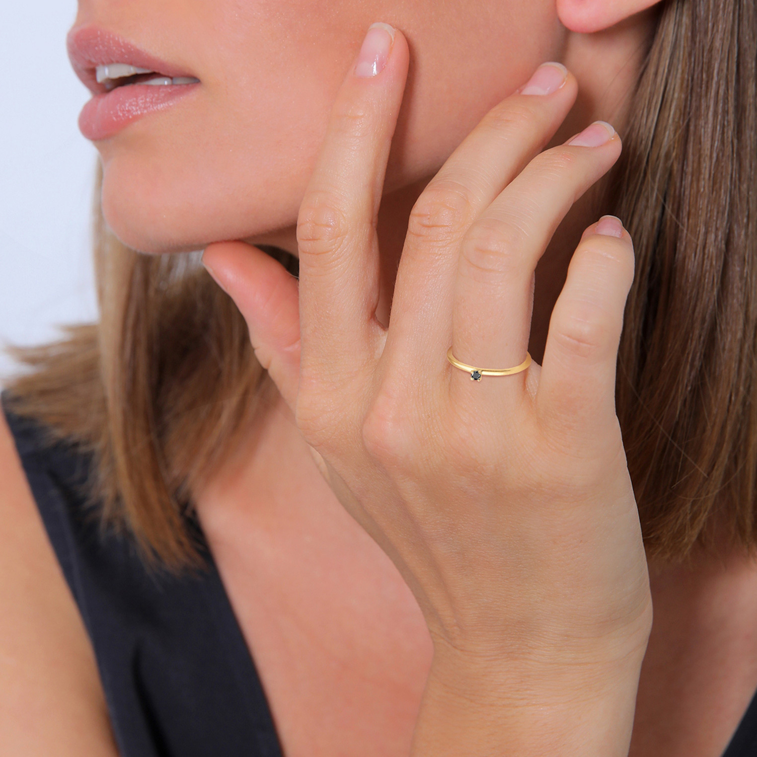 Ring Verlobung Solitär Diamant Schwarz Brillantschliff (0.003 ct) 585 Gelbgold – Bild 3