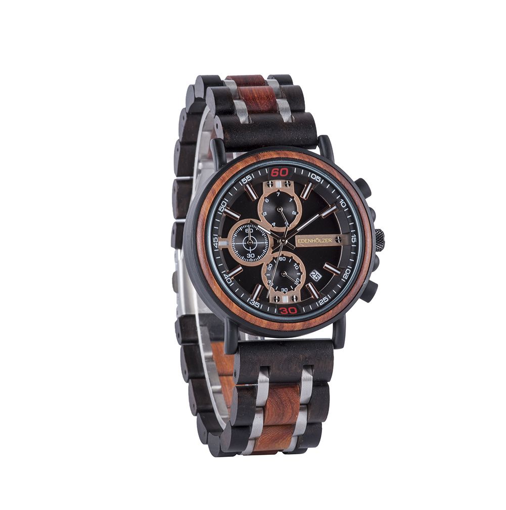 Edenhölzer Holzuhr Herren Armbanduhr Chronograph Madeira Holzarmband ED091-008 – Bild 3