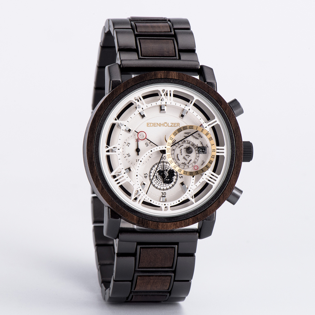 Edenhölzer Holzuhr Herren Armbanduhr Chronograph Holzarmband Saona Datumsanzeige – Bild 3