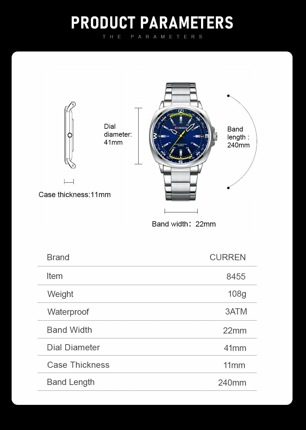 CURREN Men%27s Ice Blue Quartz Sports Watch Stainless Steel Casual Wristwatch Wate...