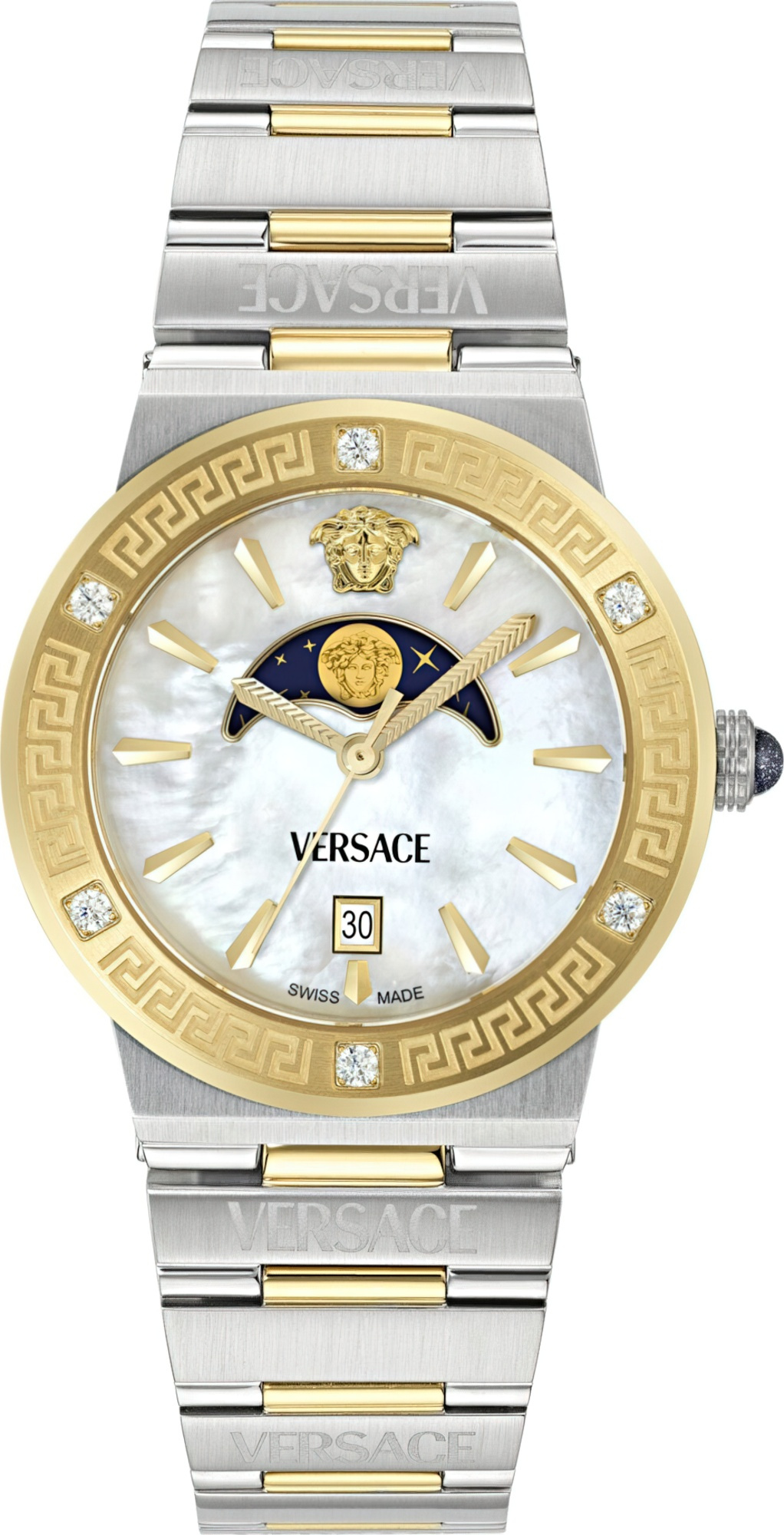 Versace Armbanduhr Greca Logo Moonphase Diamond VE7G00524 Silber-Gold Versace Armbanduhr Greca Logo Moonphase Diamond VE7G00524 Silber-Gold