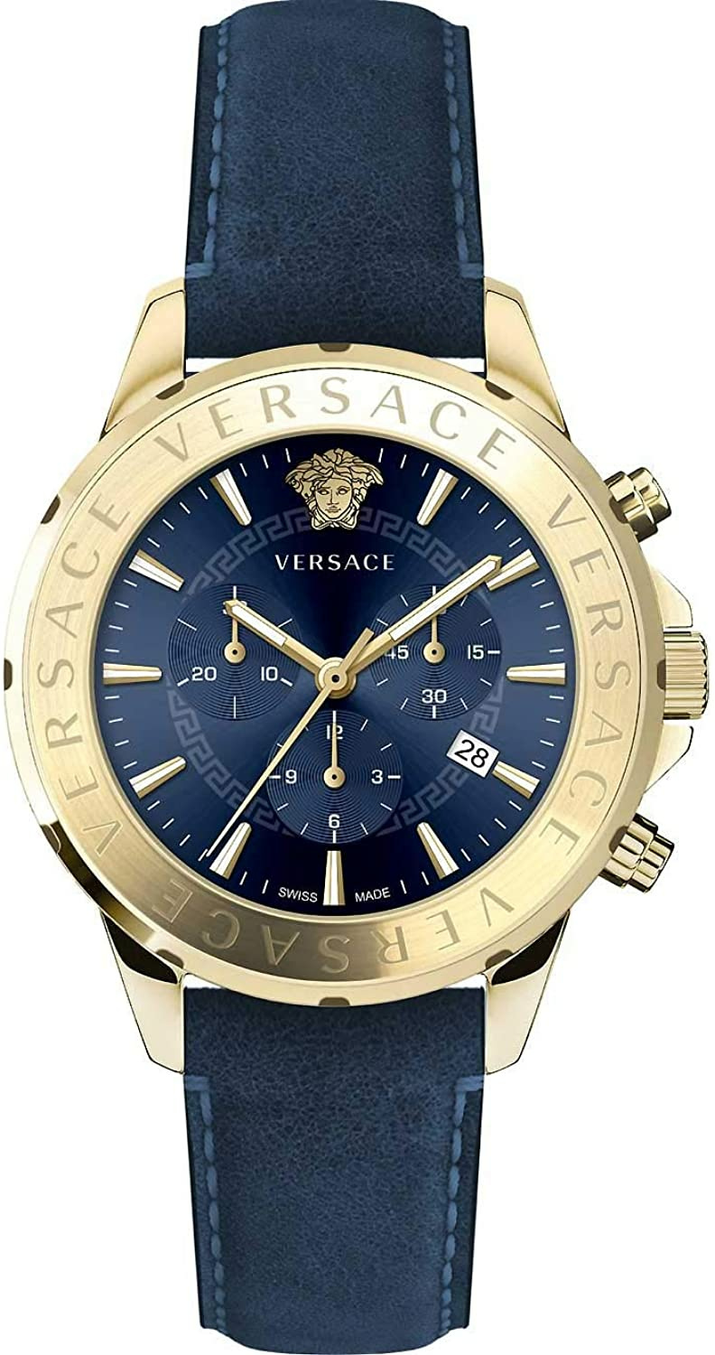 Versace Chrono Signature Herrenuhr Blau Leder Gold Stahl 44mm VEV600319 – Bild 3