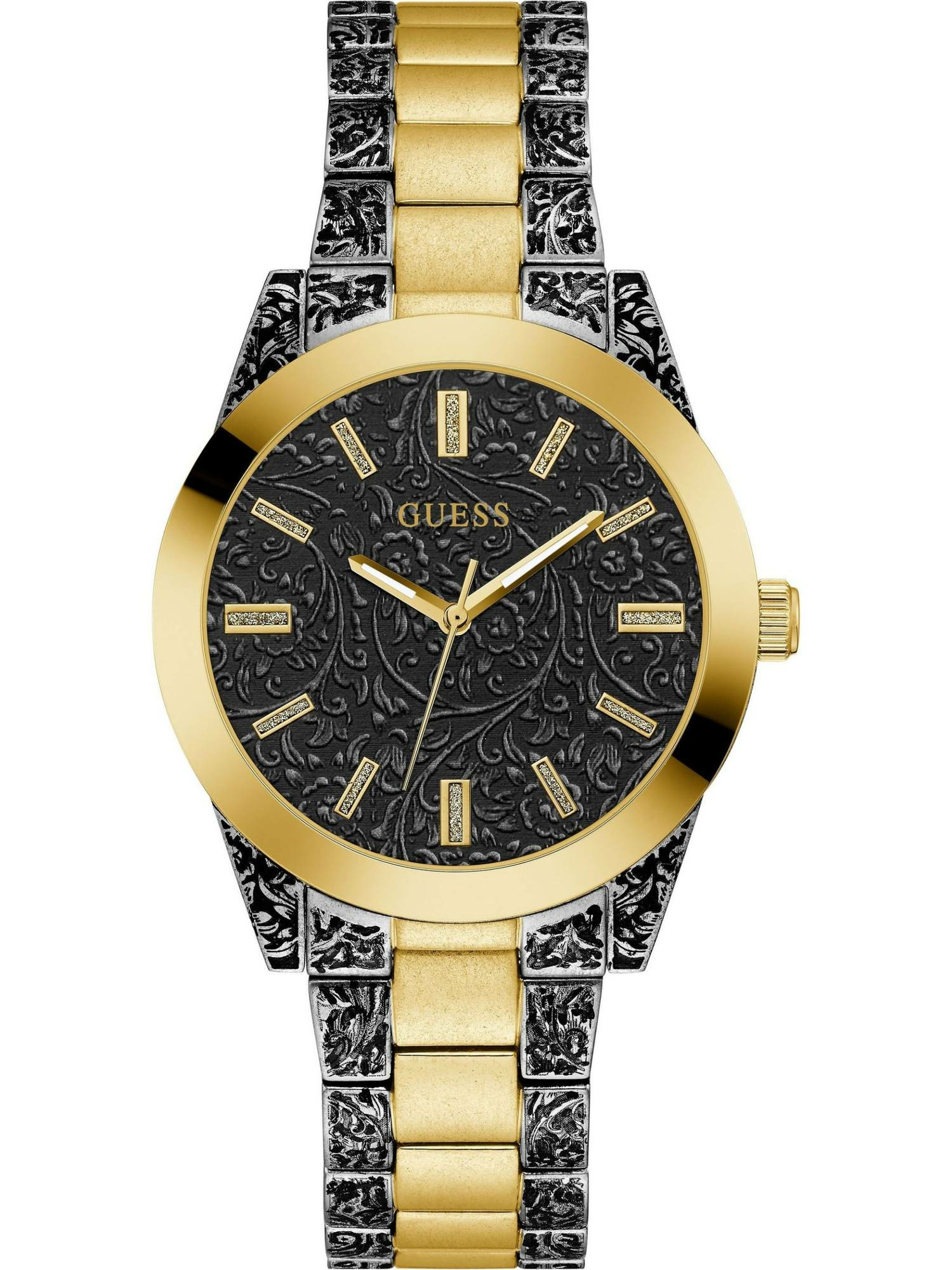 Guess Damen Armbanduhr Gilded 40 mm Brokatmuster auf Armband und Zifferblatt Arm... Guess Damen Armbanduhr Gilded 40 mm Brokatmuster auf Armband und Zifferblatt Arm...