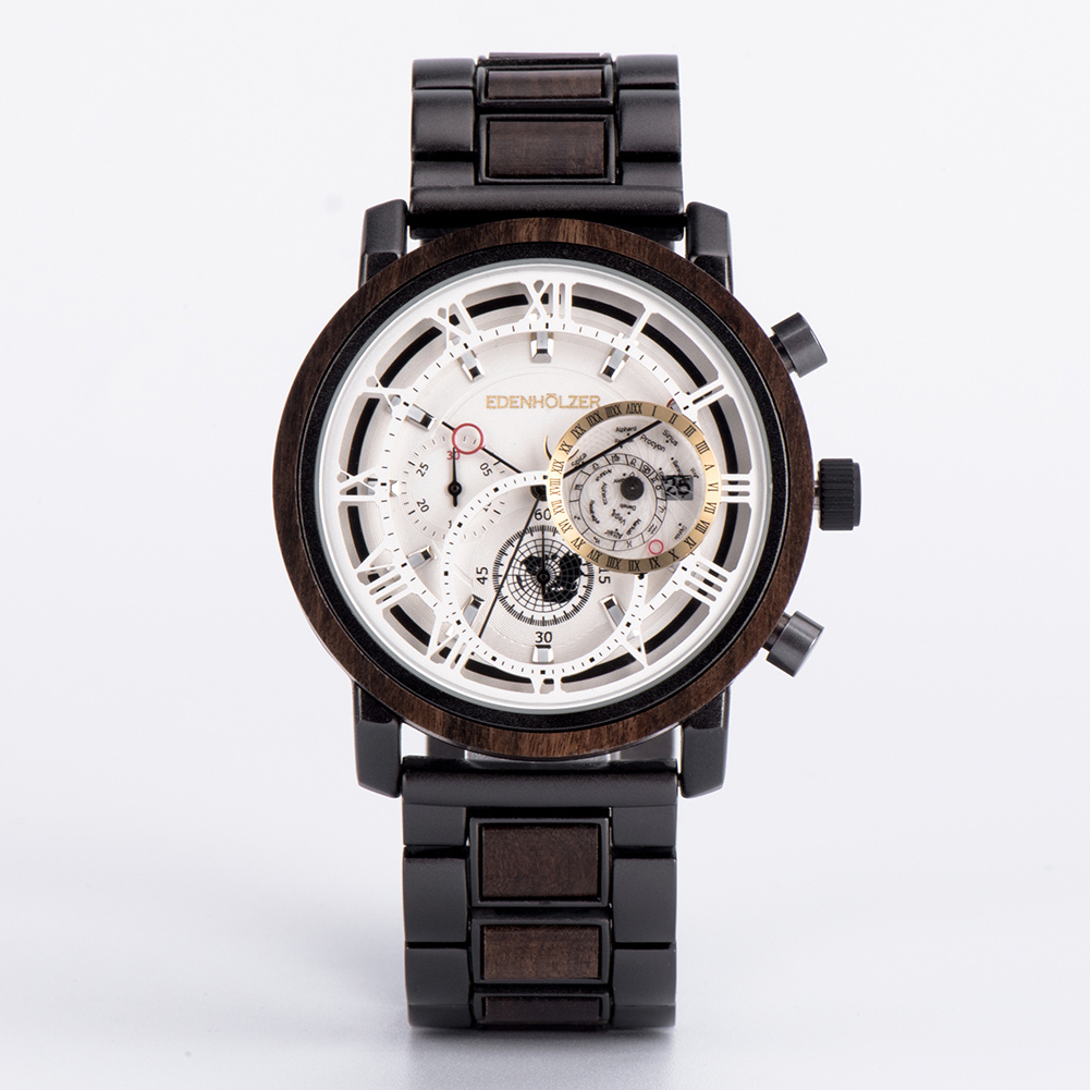 Edenhölzer Holzuhr Herren Armbanduhr Chronograph Holzarmband Saona Datumsanzeige – Bild 2