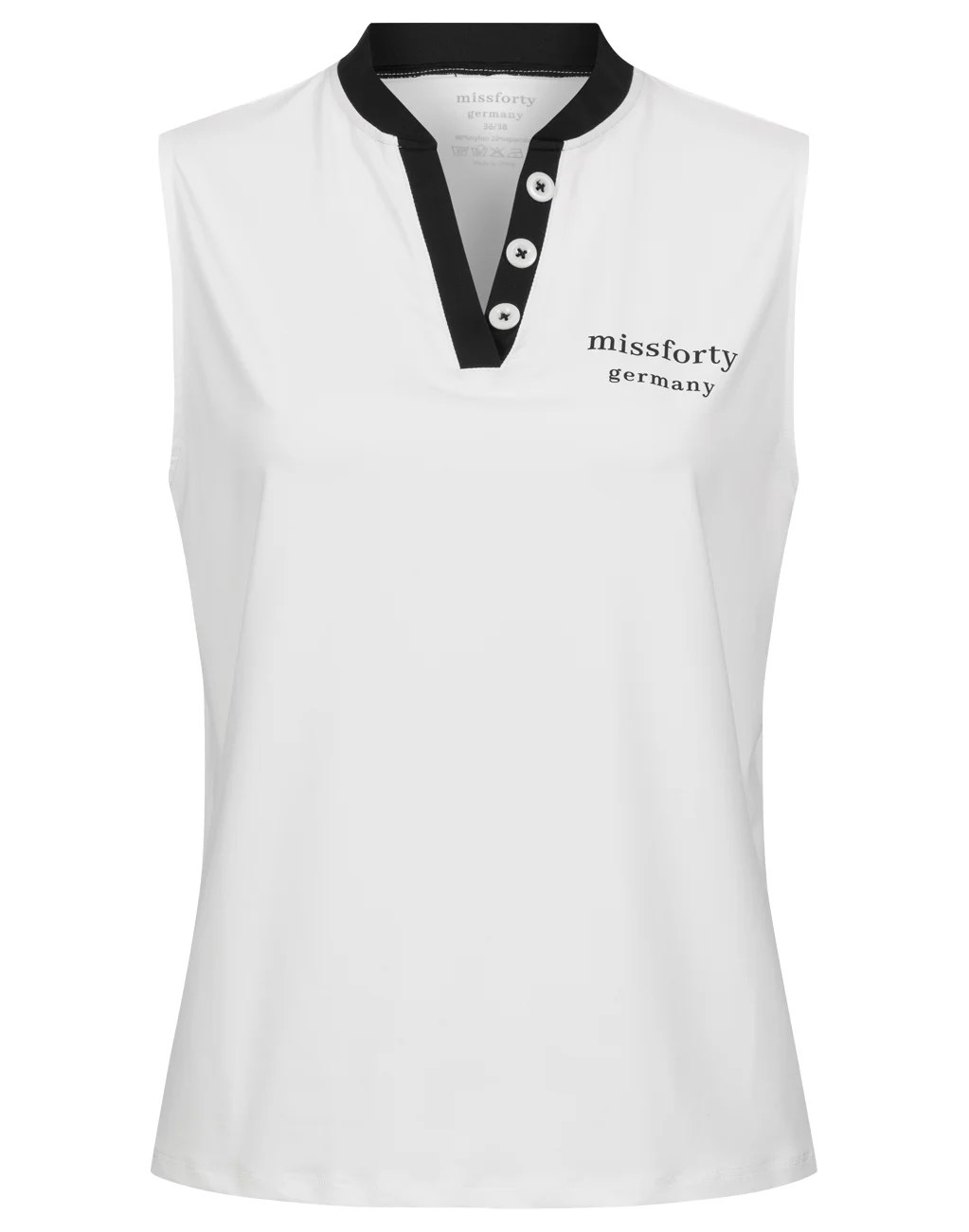 Damen Sportshirt Weiß ärmellos mit Knopfleiste Damen Sportshirt Weiß ärmellos mit Knopfleiste