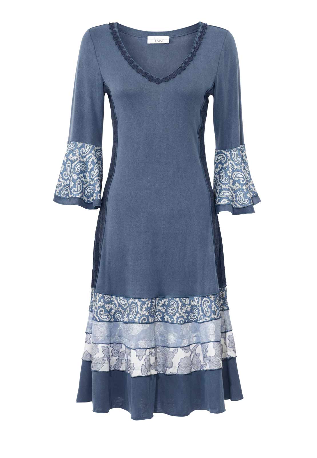 LINEA TESINI Damen Designer-Patchkleid m. Volants Blau LINEA TESINI Damen Designer-Patchkleid m. Volants Blau