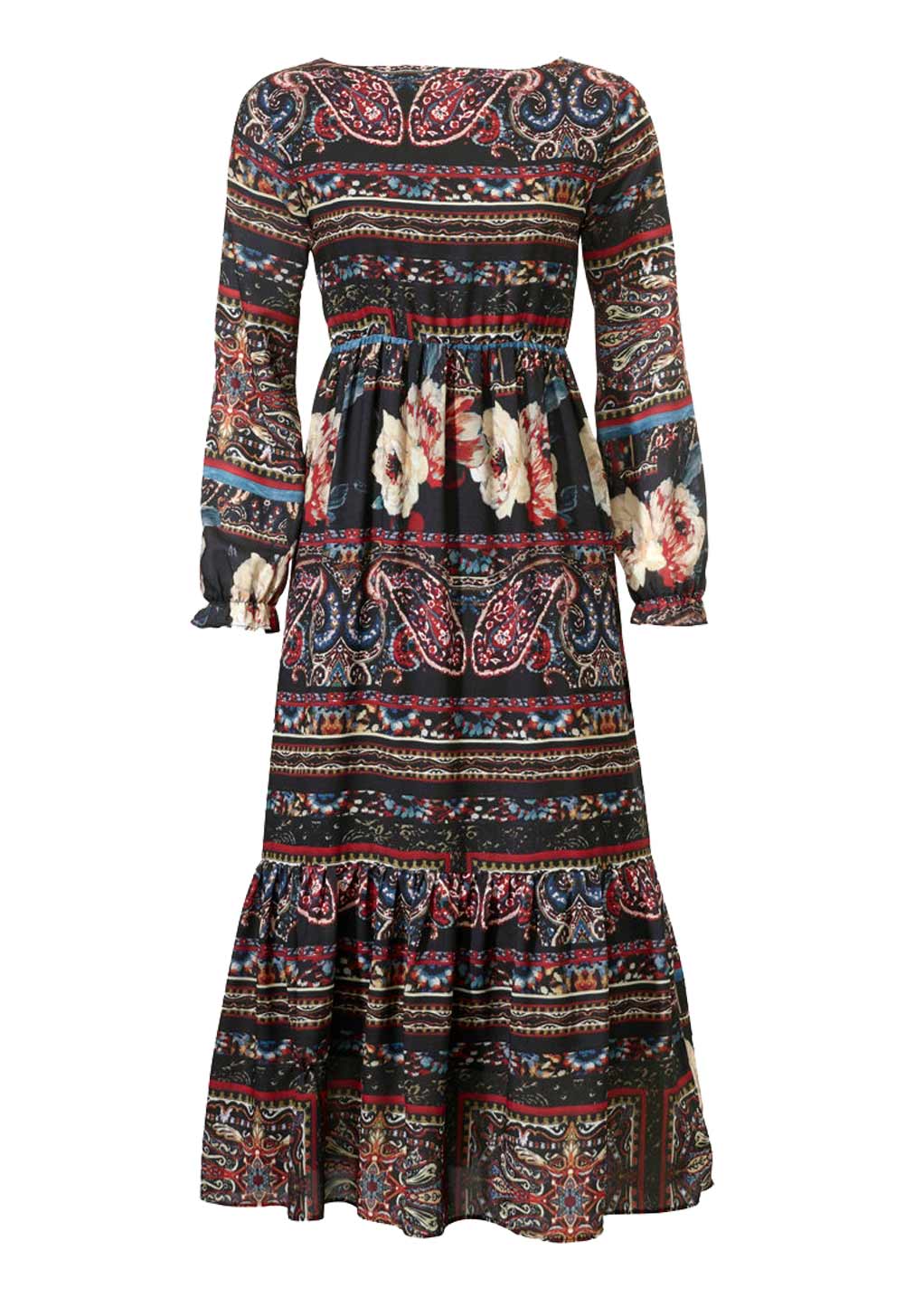 Damen Kleid Maxikleid lang bunt Frühling Freizeitkleid mit Rüschen gemustert Damen Kleid Maxikleid lang bunt Frühling Freizeitkleid mit Rüschen gemustert