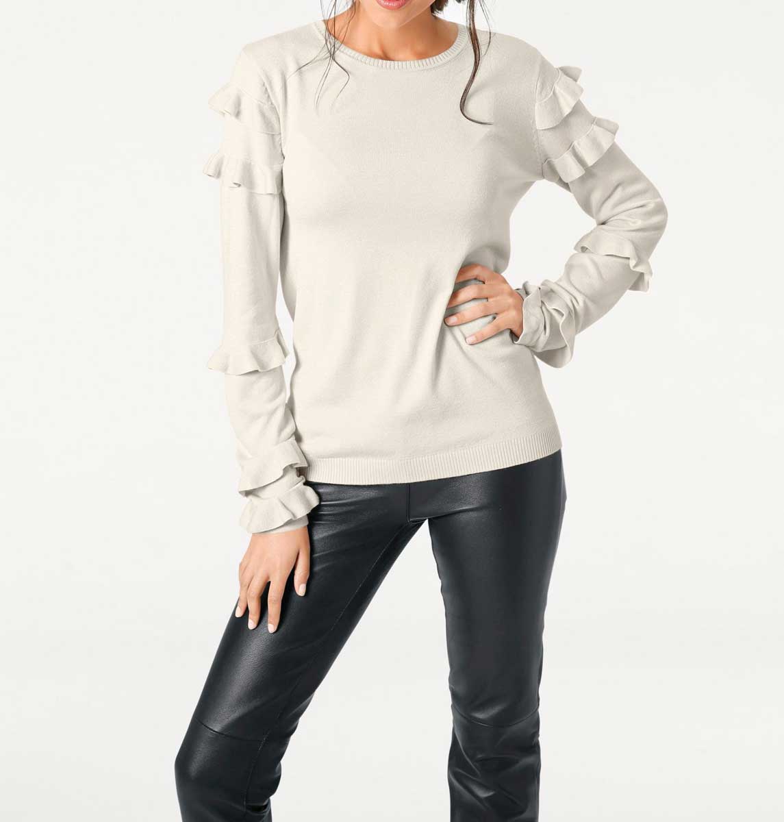 ASHLEY BROOKE Damen Designer-Pullover m. Rüschen Natur ASHLEY BROOKE Damen Designer-Pullover m. Rüschen Natur
