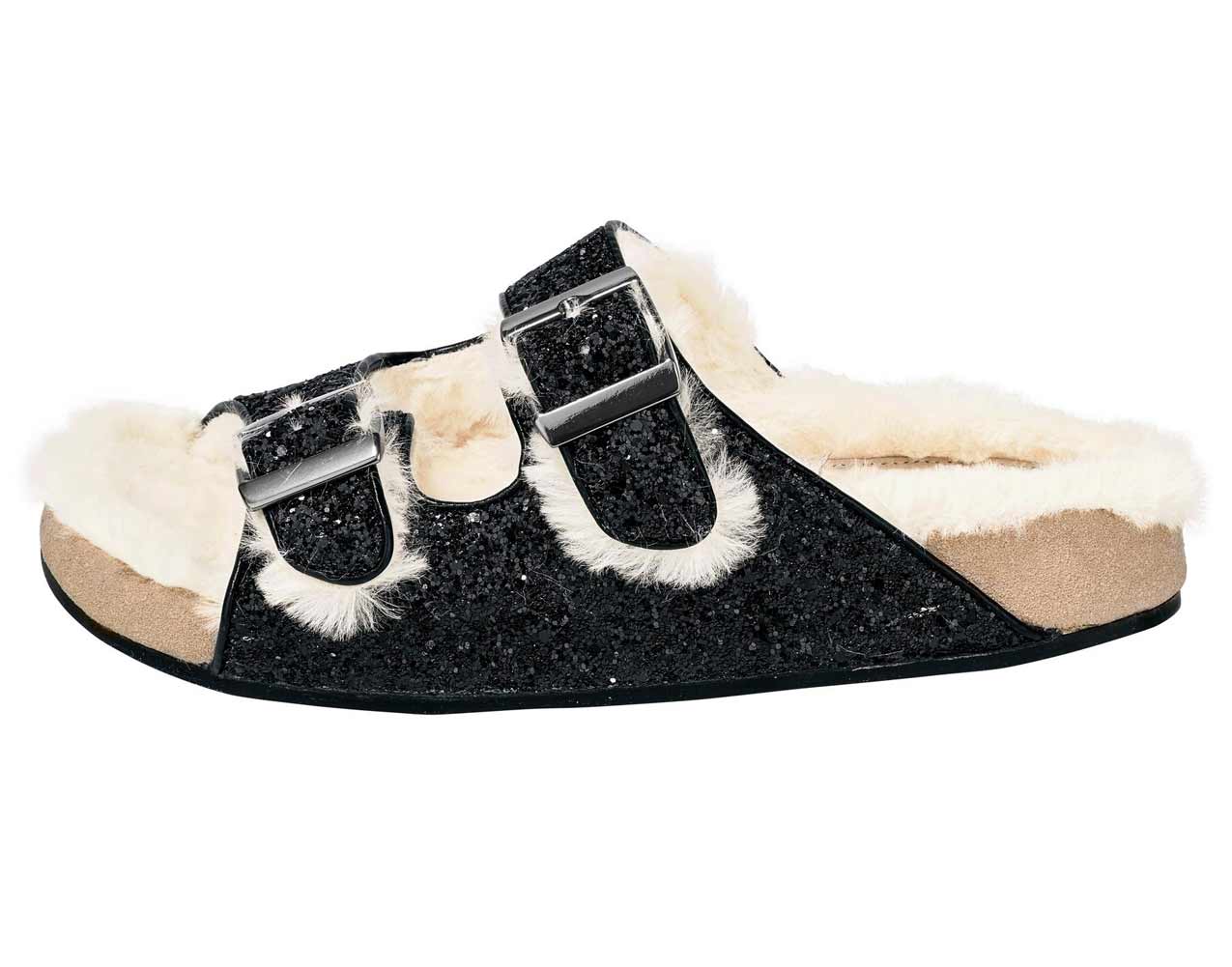 HEINE Damen Pantolette mit  Webpelz Schwarz HEINE Damen Pantolette mit  Webpelz Schwarz