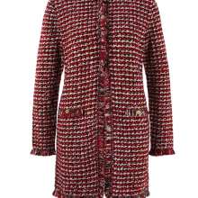 Strickjacke 36  rot gemustert Bouclé Jacke mit Goldknöpfen Fransen Strickjacke 36  rot gemustert Bouclé Jacke mit Goldknöpfen Fransen