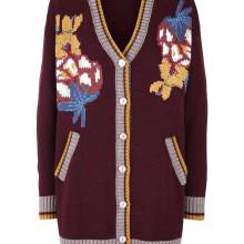Damen Strickjacke lang Cardigan 48 langarm dunkel rot mit Blumen Knopf Damen Strickjacke lang Cardigan 48 langarm dunkel rot mit Blumen Knopf