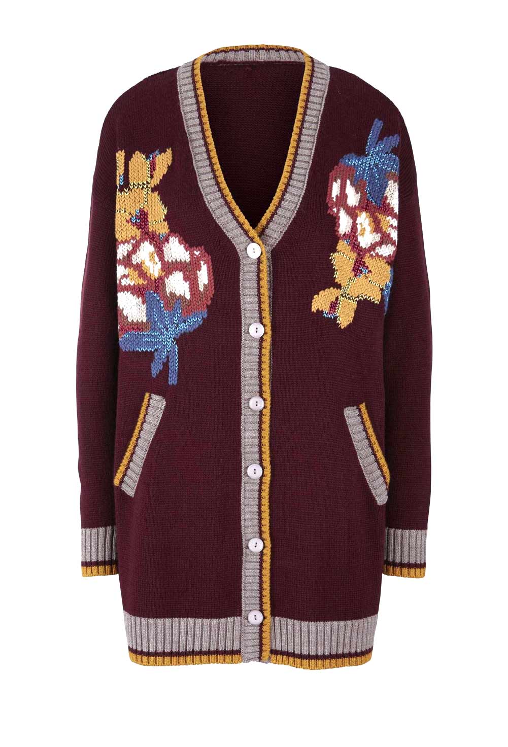 Damen Strickjacke lang Cardigan 48 langarm dunkel rot mit Blumen Knopf Damen Strickjacke lang Cardigan 48 langarm dunkel rot mit Blumen Knopf