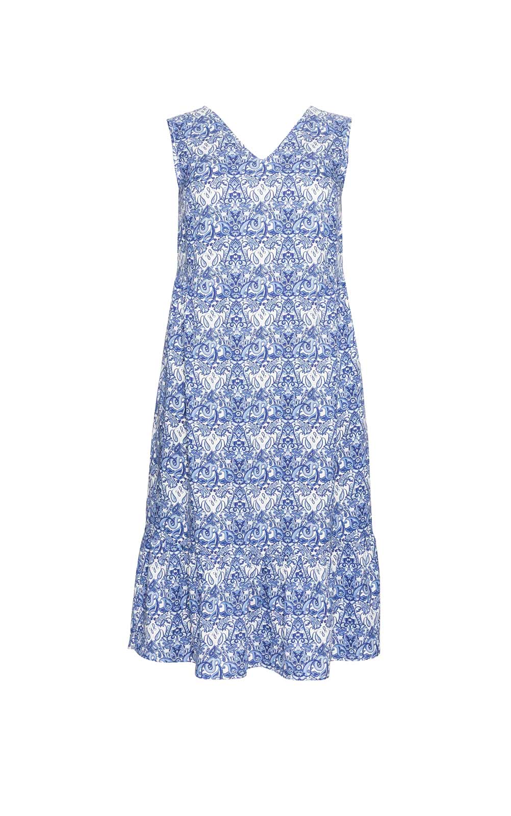 Lyocell-Druckkleid m. Volant, blau-wei? Lyocell-Druckkleid m. Volant, blau-wei?