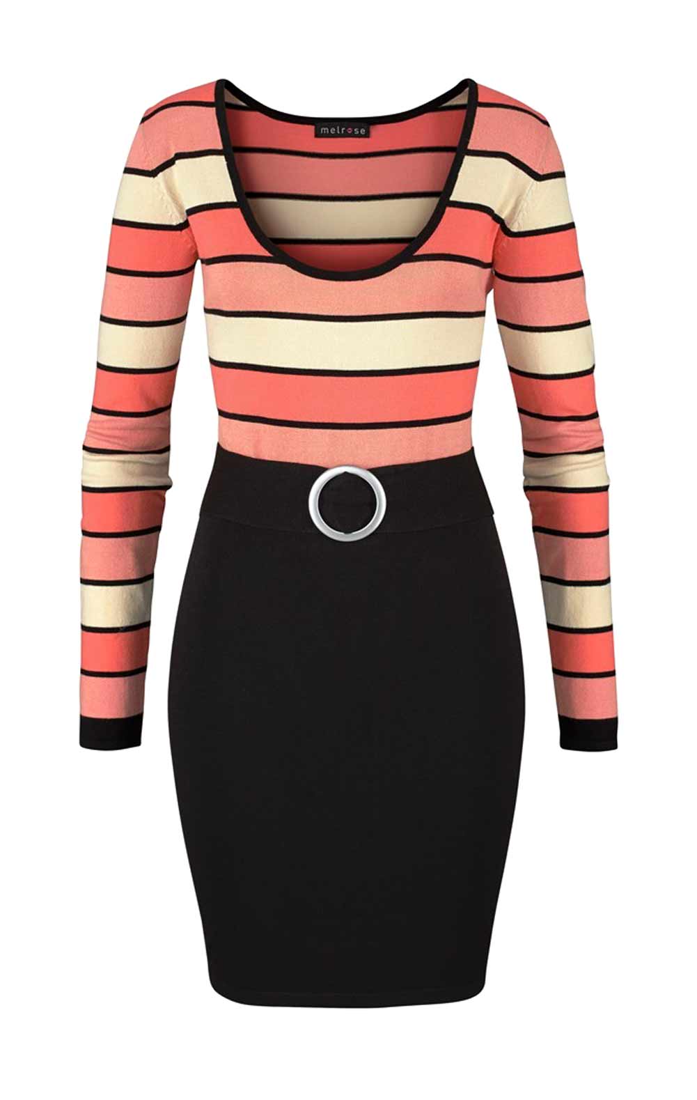 Kleid Strick Pulloverkleid koralle-schwarz gestreift Rundhalsausschnitt Kleid Strick Pulloverkleid koralle-schwarz gestreift Rundhalsausschnitt