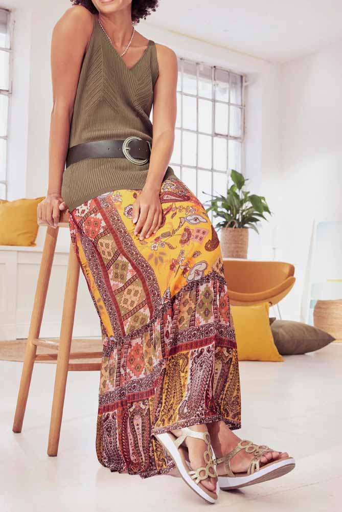 Damen Rock Maxirock Freizeit Strand Urlaub Stretchbund braun ocker grapefruit Damen Rock Maxirock Freizeit Strand Urlaub Stretchbund braun ocker grapefruit