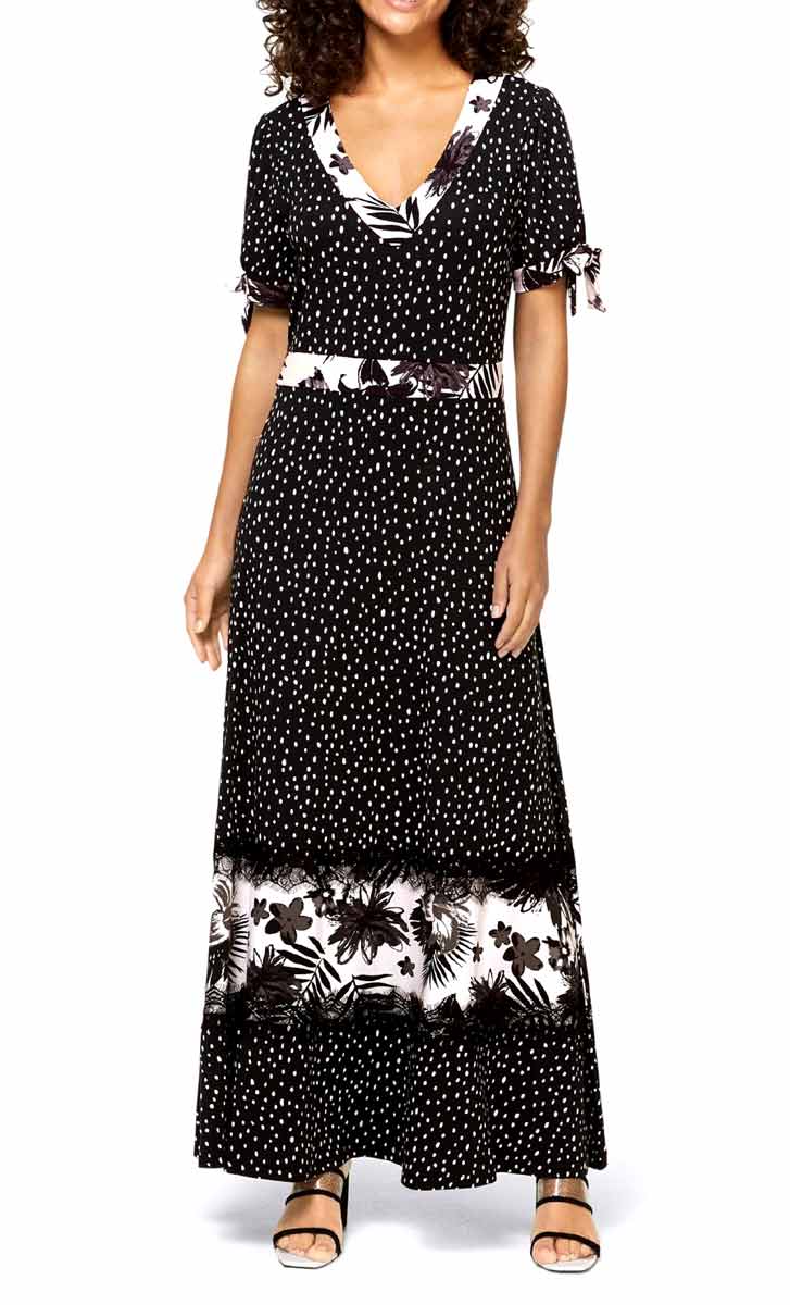 Damen Jersey Maxikleid, schwarz-ecru Damen Jersey Maxikleid, schwarz-ecru