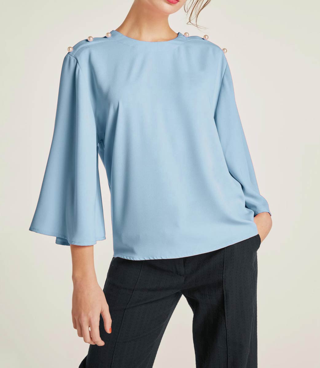 Bluse m. Perlen, bleu Bluse m. Perlen, bleu