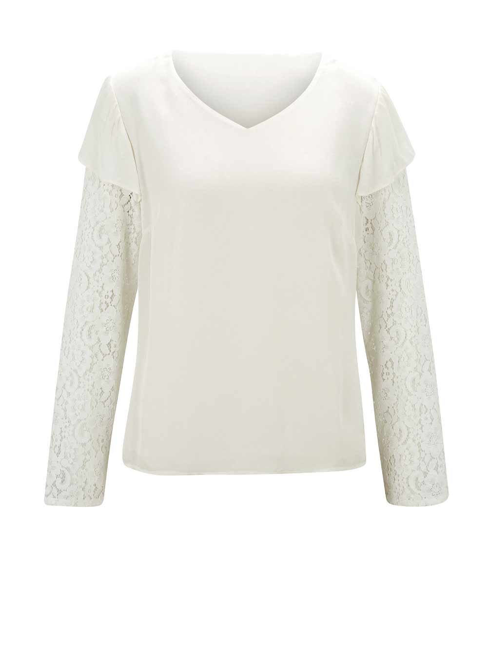 Damen Shirt Oberteil Frühling Freizeit ecru mit schönen Spitzenärmeln Damen Shirt Oberteil Frühling Freizeit ecru mit schönen Spitzenärmeln