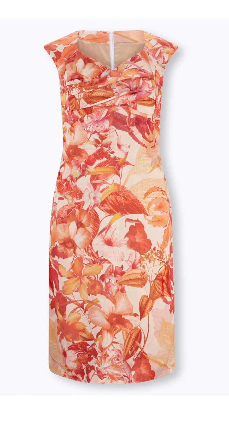 Damen Kleid Etuikleid Freizeit 46  Druckkleid ärmellos papaya-ecru Damen Kleid Etuikleid Freizeit 46  Druckkleid ärmellos papaya-ecru