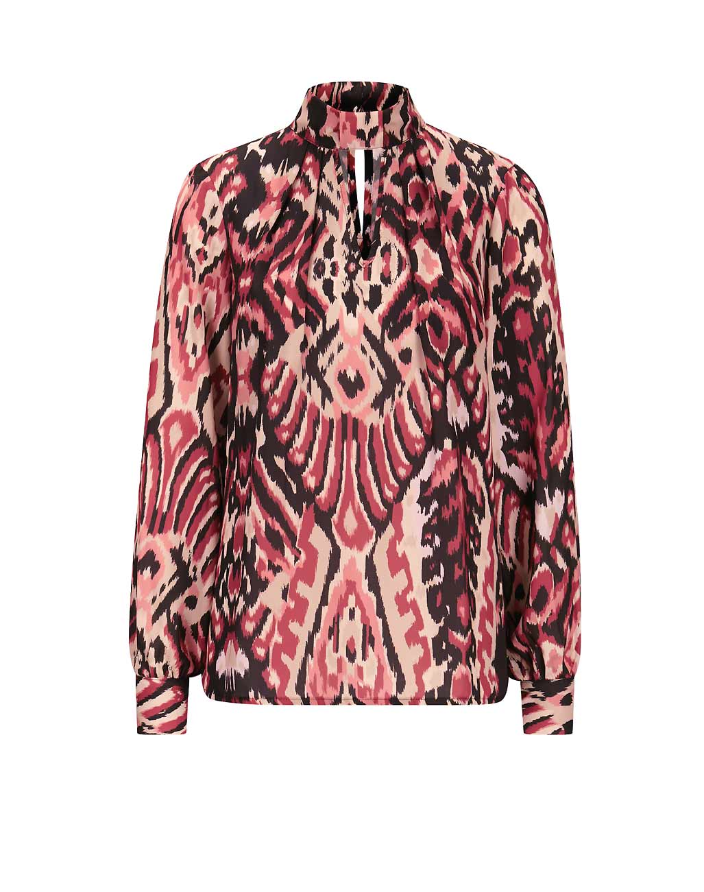 Damen Druckbluse, schwarz-rot langearme Stehkragen V Förmiges Dekolleté Damen Druckbluse, schwarz-rot langearme Stehkragen V Förmiges Dekolleté