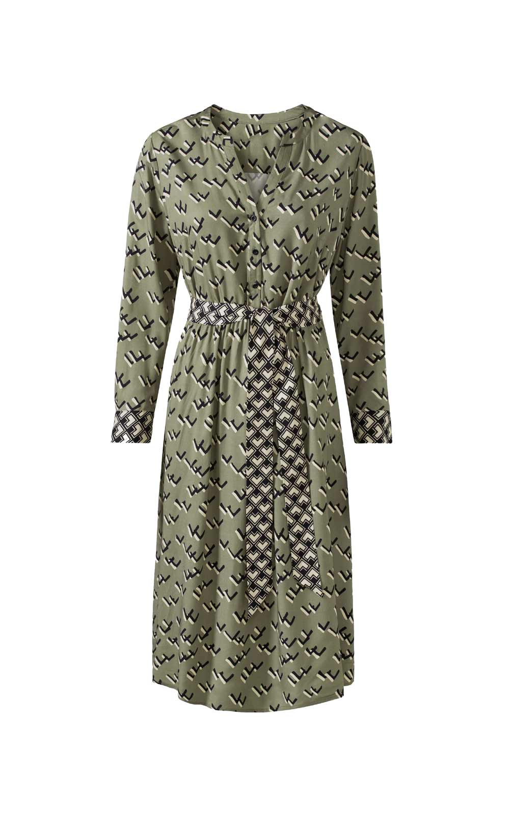 Druck-Kleid m. Bindegürtel, khaki-schwarz Druck-Kleid m. Bindegürtel, khaki-schwarz