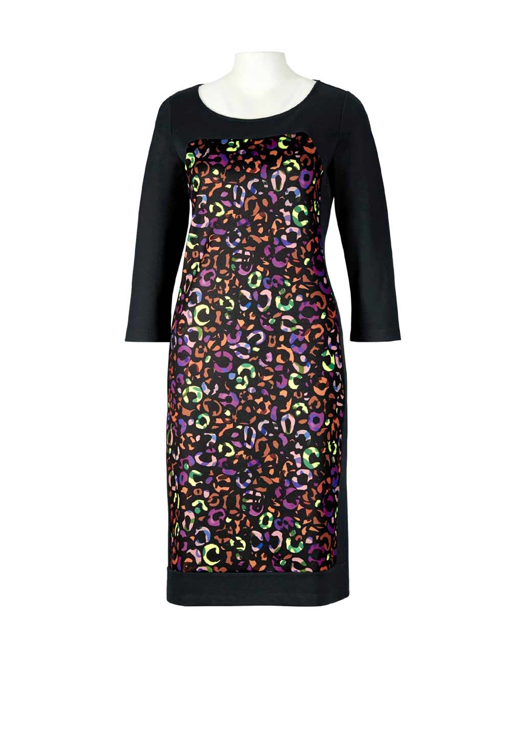 Designer-Druckkleid, schwarz-bunt Designer-Druckkleid, schwarz-bunt