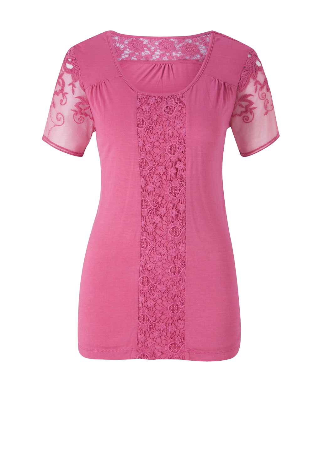 Damen Shirt Oberteil himbeere mit Spitze T-Shirt Frühling Linea Tesini Damen Shirt Oberteil himbeere mit Spitze T-Shirt Frühling Linea Tesini