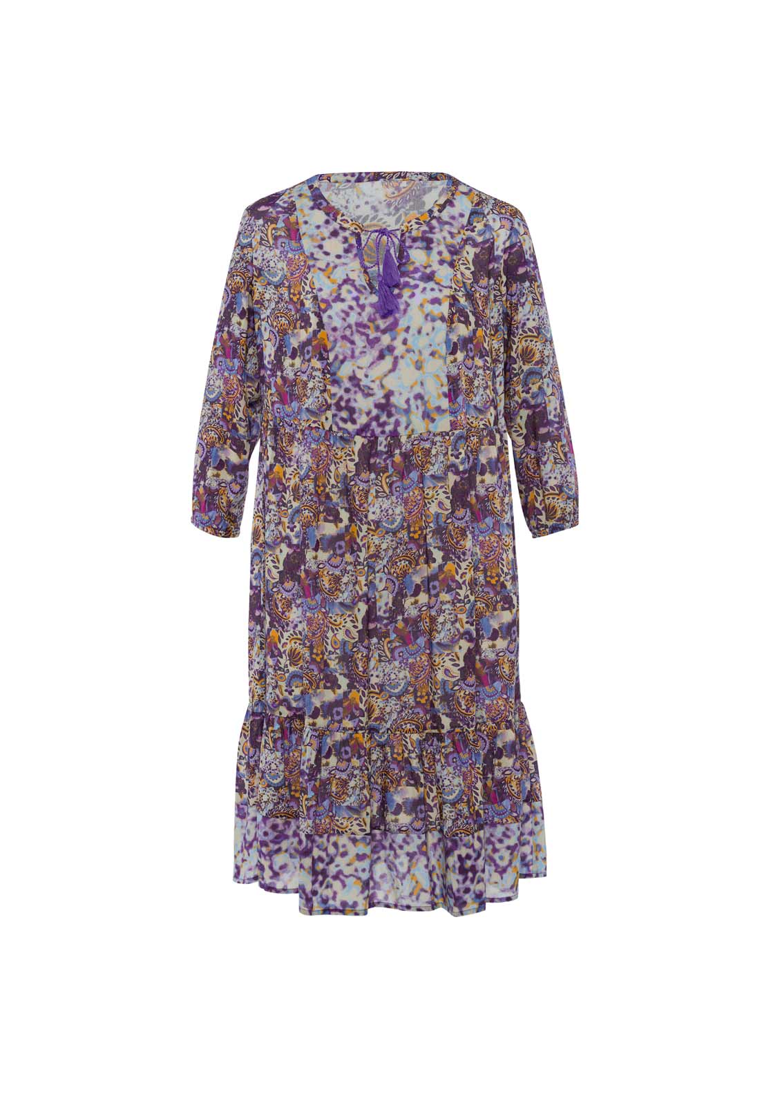 Stufen-Druckkleid m. Volant, lila-sand Stufen-Druckkleid m. Volant, lila-sand