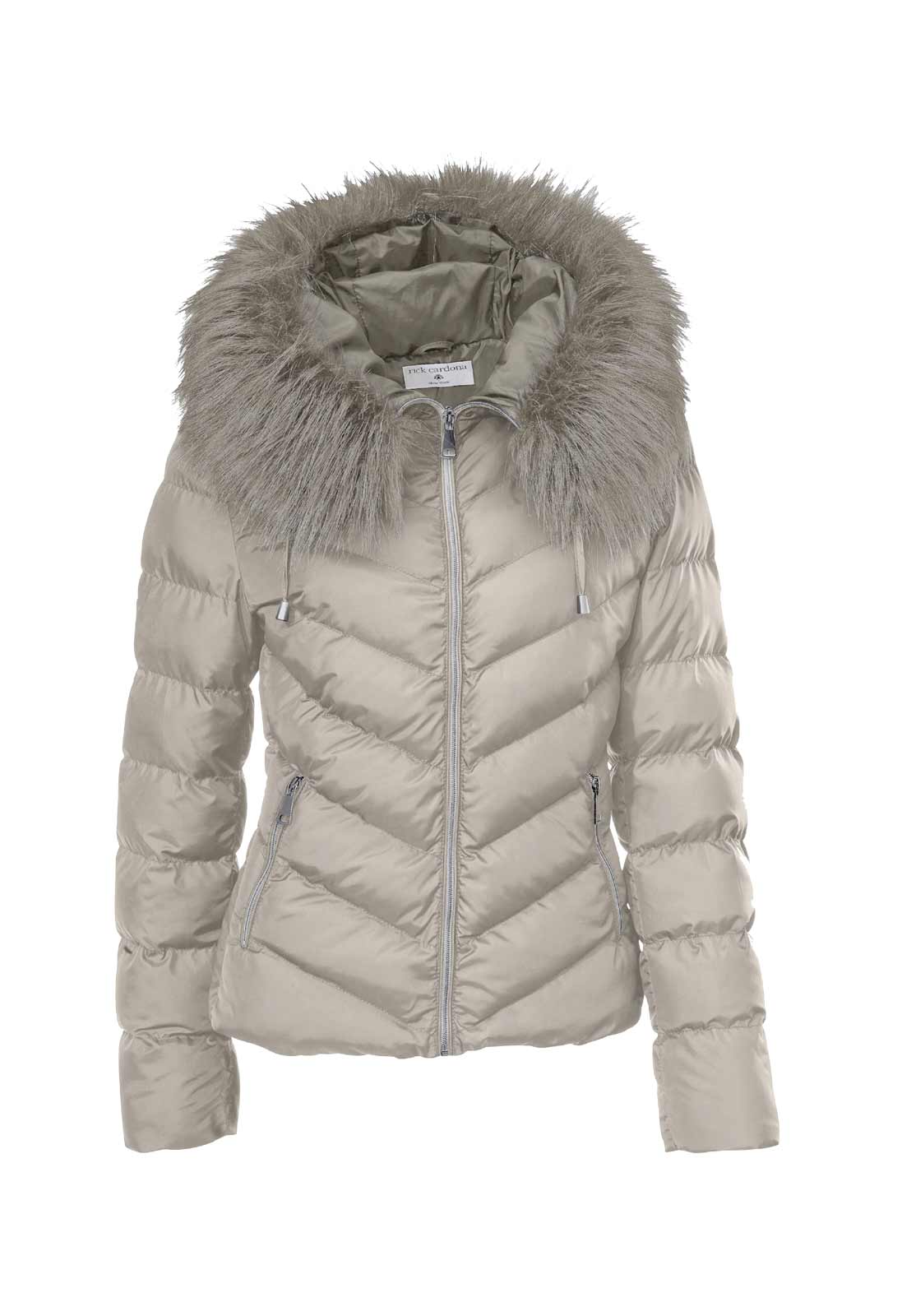 Damen Steppjacke mit Webpelz, taupe Damen Steppjacke mit Webpelz, taupe