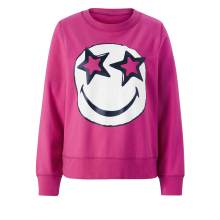 Damen Sweatshirt Pullover Pulli Rundhals Baumwolle  mit Smiley Motiv, pink Damen Sweatshirt Pullover Pulli Rundhals Baumwolle  mit Smiley Motiv, pink