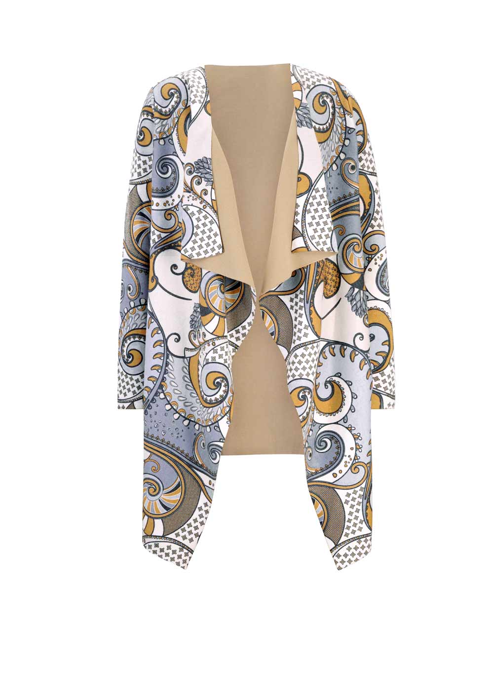 Damen Strickjacke Cardigan lang Paisley Druckstrickjacke, ocker-grau Damen Strickjacke Cardigan lang Paisley Druckstrickjacke, ocker-grau