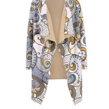 Damen Strickjacke Cardigan lang Paisley Druckstrickjacke, ocker-grau Damen Strickjacke Cardigan lang Paisley Druckstrickjacke, ocker-grau