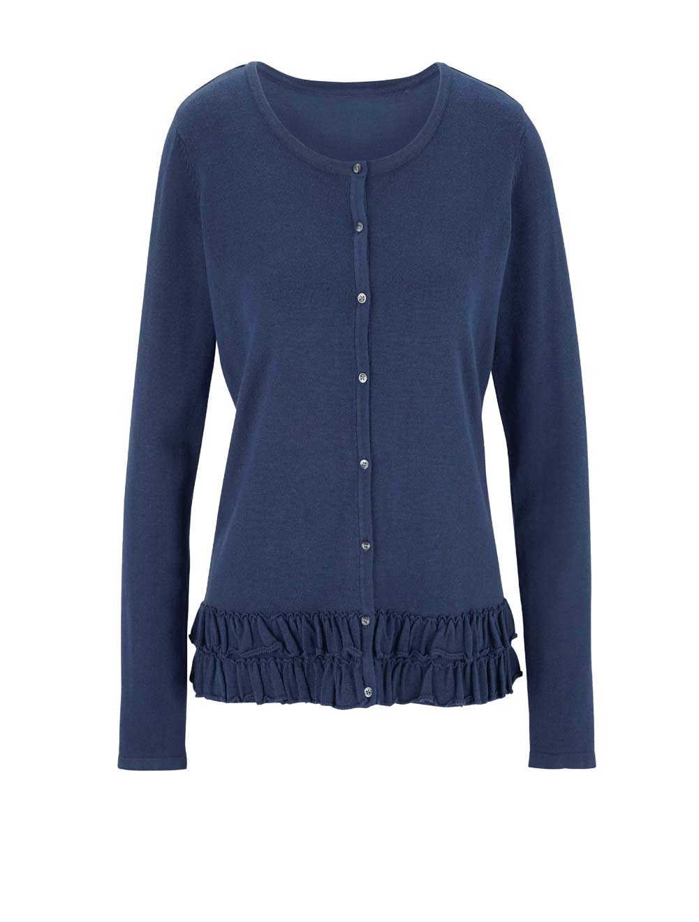 Damen Feinstrickjacke m. Rüschen, blau Damen Feinstrickjacke m. Rüschen, blau