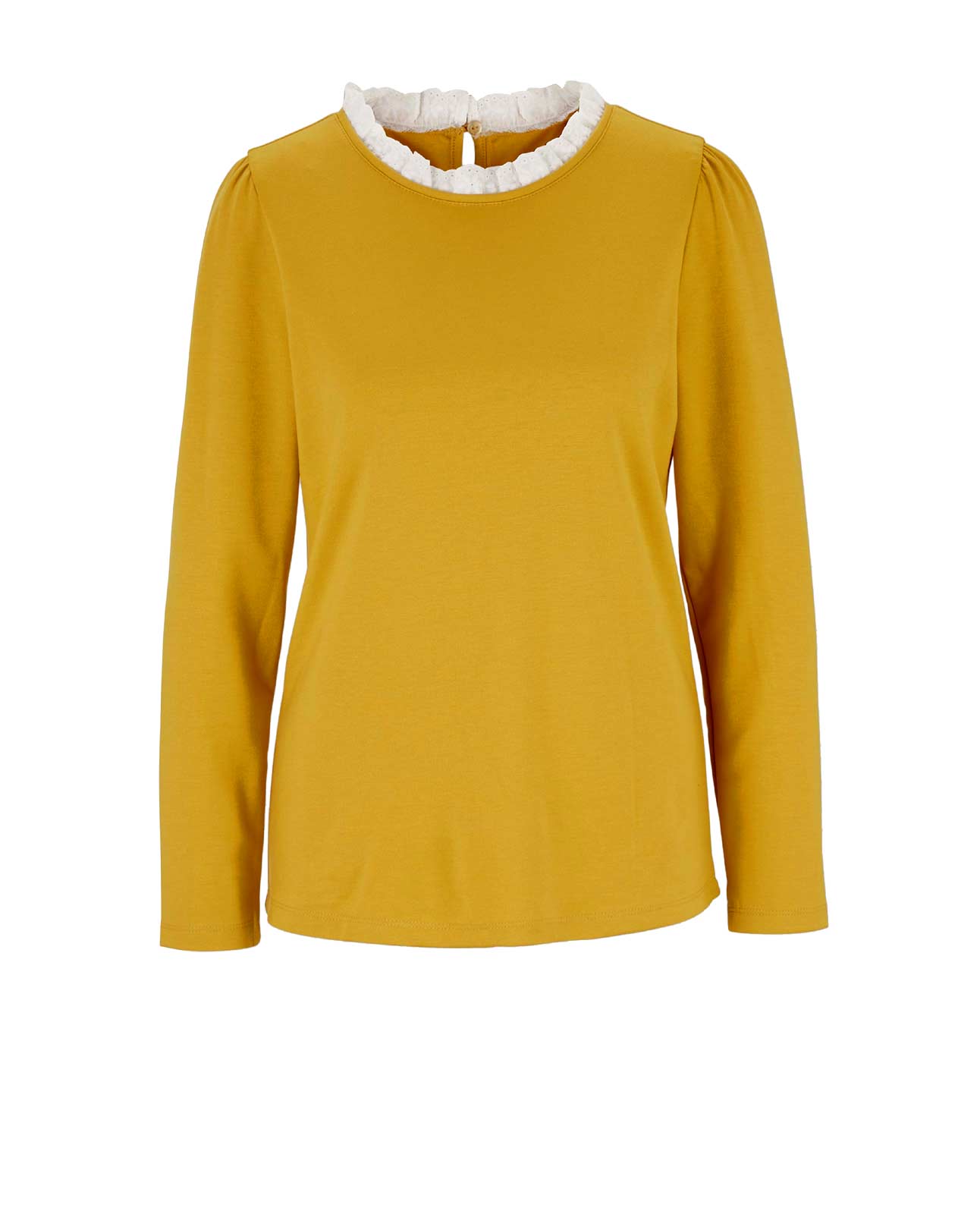 Damen Shirt Oberteil Freizeit Frühling ocker  Lochstickerei-Spitze am Ausschnitt Damen Shirt Oberteil Freizeit Frühling ocker  Lochstickerei-Spitze am Ausschnitt