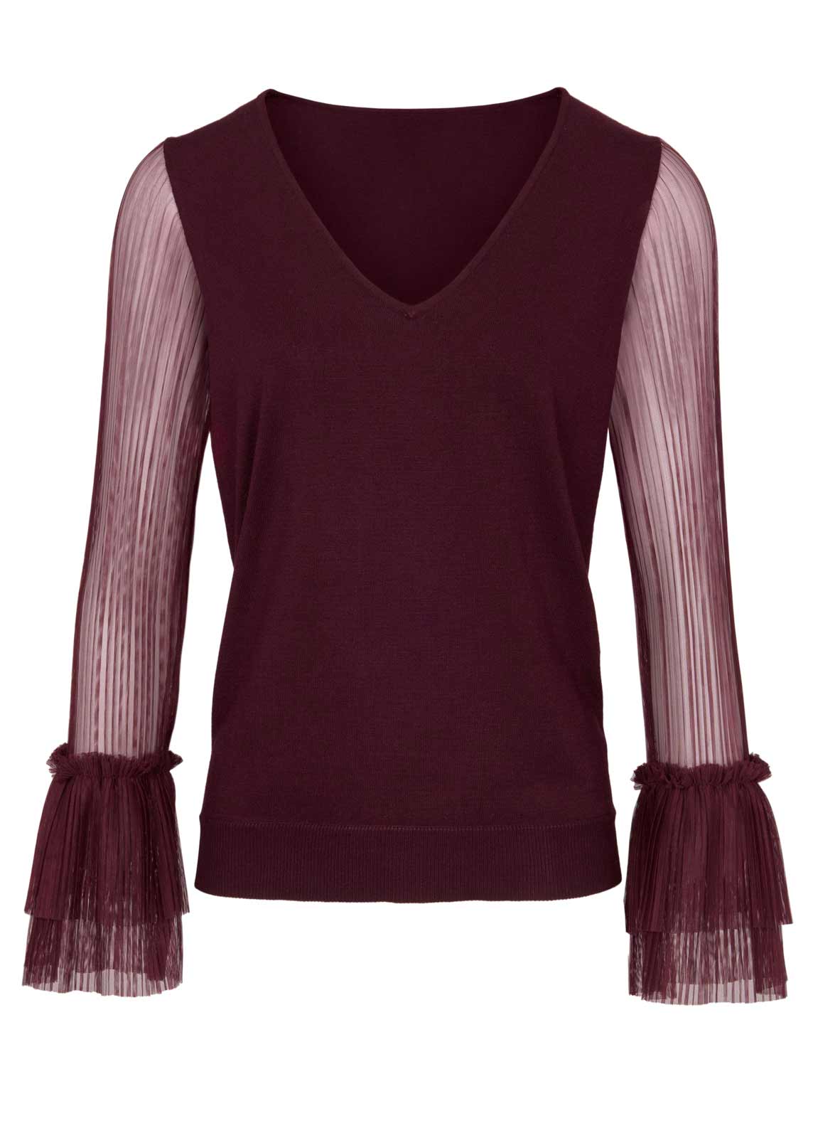 Strickpullover Damen Langarm V-Neck transparente Ärmel elegant dunkel rot Strickpullover Damen Langarm V-Neck transparente Ärmel elegant dunkel rot