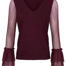 Strickpullover Damen Langarm V-Neck transparente Ärmel elegant dunkel rot Strickpullover Damen Langarm V-Neck transparente Ärmel elegant dunkel rot