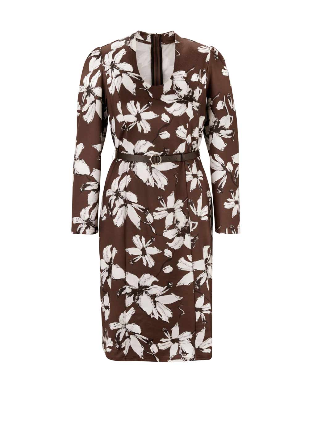 Designer-Druckkleid m. Gürtel, braun Designer-Druckkleid m. Gürtel, braun