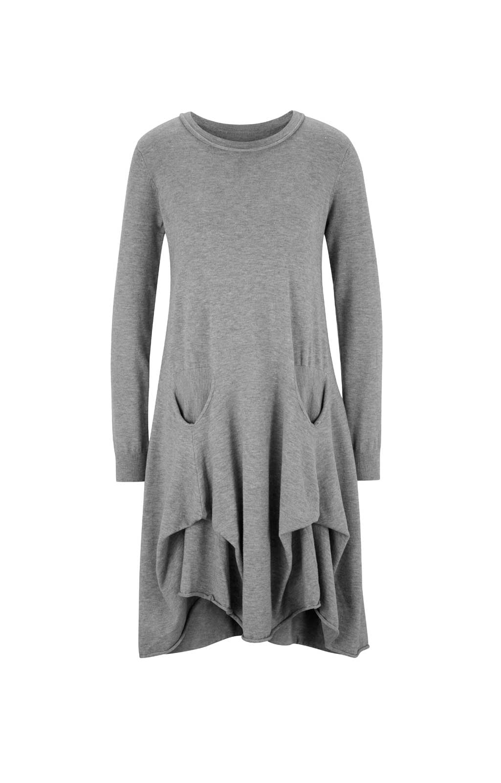 Designer-Strickkleid m.gebogenem Saum, grau-meliert Designer-Strickkleid m.gebogenem Saum, grau-meliert