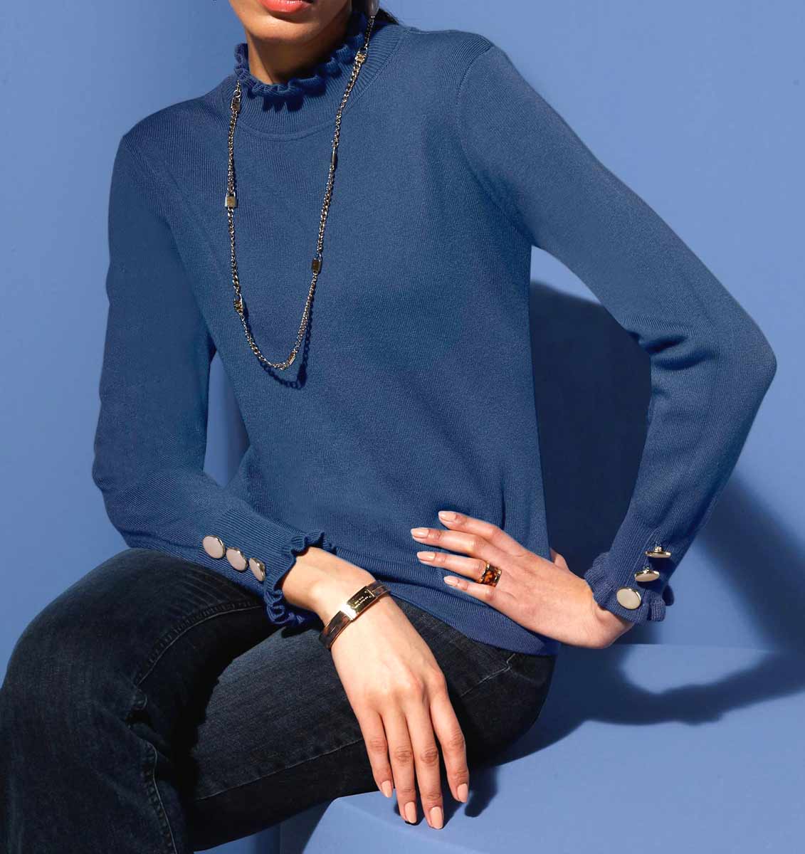 Pullover mit Rüschen, jeansblau Pullover mit Rüschen, jeansblau