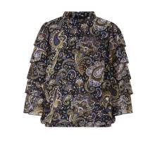 Designer-Volant-Druckbluse, bunt Stehkragen Im Nacken einen kleinen Schlitz Designer-Volant-Druckbluse, bunt Stehkragen Im Nacken einen kleinen Schlitz