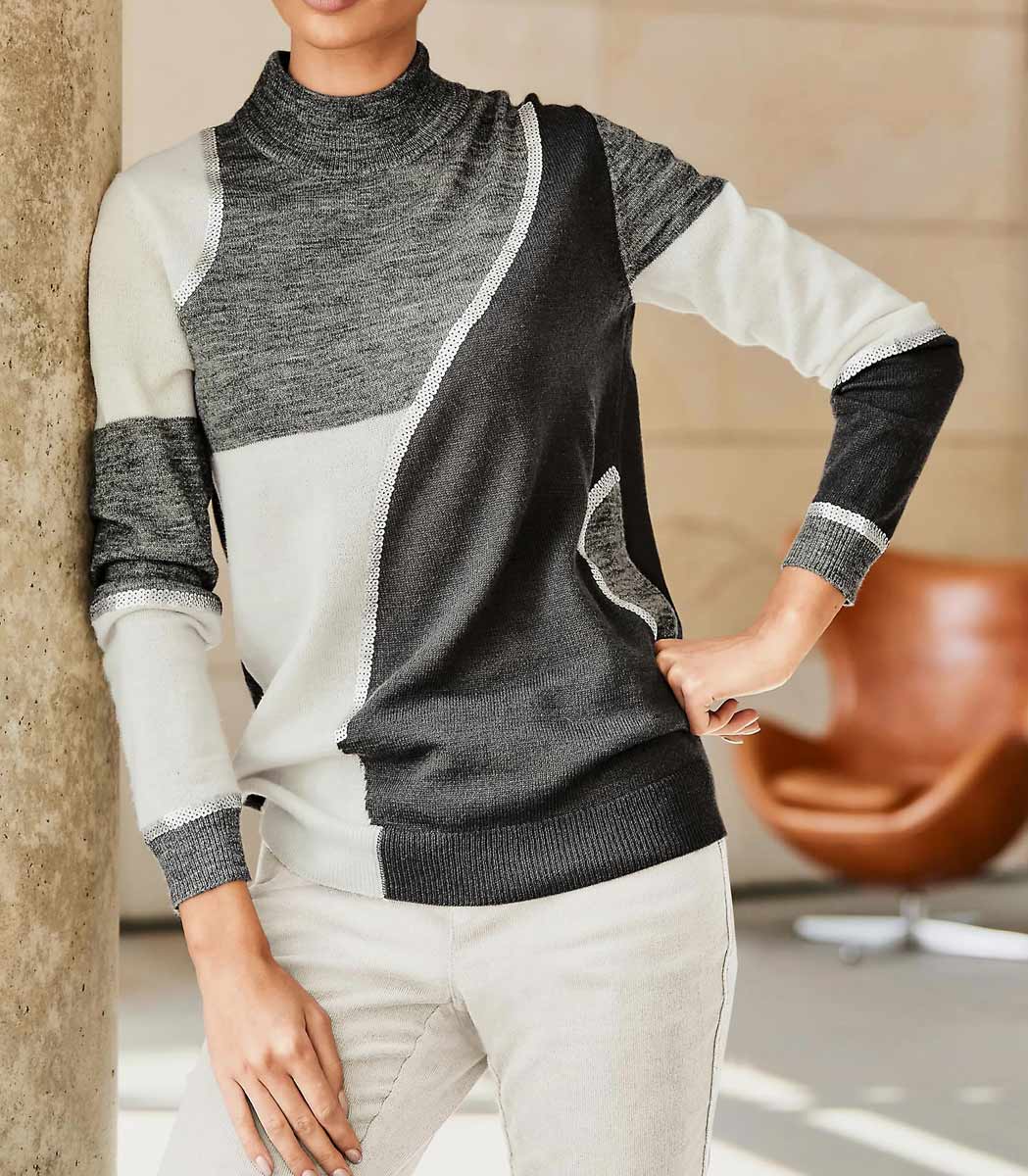 Damen Wollpullover mit Pailletten, grau-ecru Damen Wollpullover mit Pailletten, grau-ecru