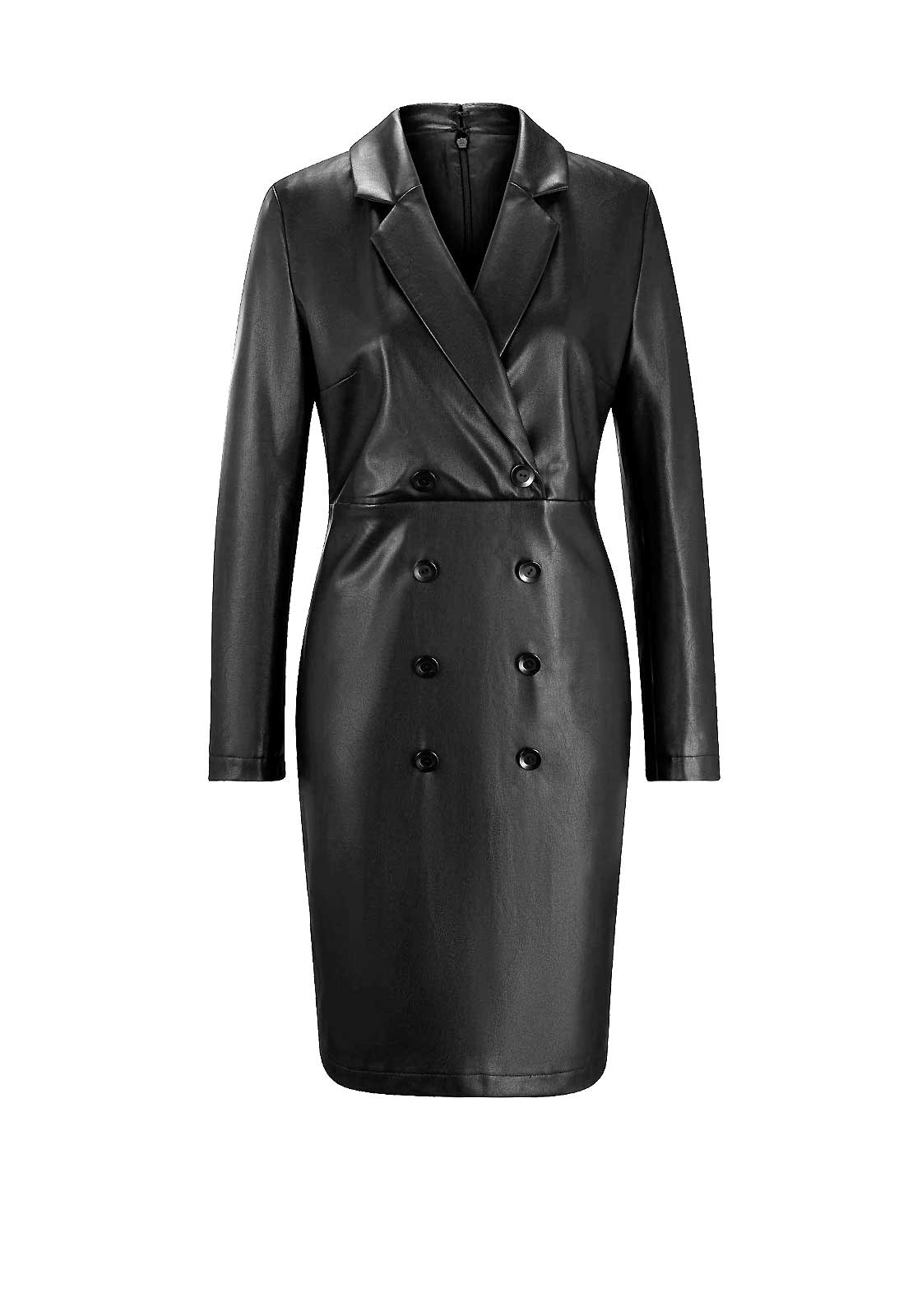 Damen Lederimitatkleid mit Knöpfen, schwarz mit Gürtel Damen Lederimitatkleid mit Knöpfen, schwarz mit Gürtel