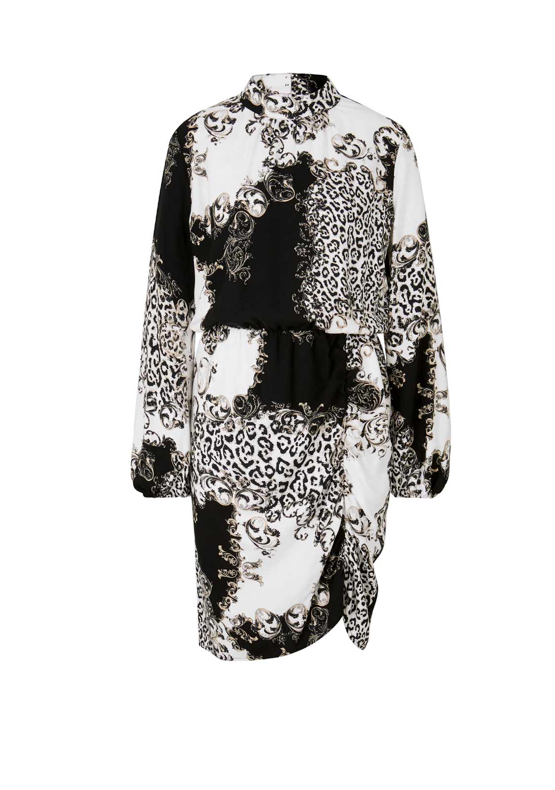 Designer-Druckkleid, ecru-schwarz Figur betont abgerundeter Schlitz Designer-Druckkleid, ecru-schwarz Figur betont abgerundeter Schlitz