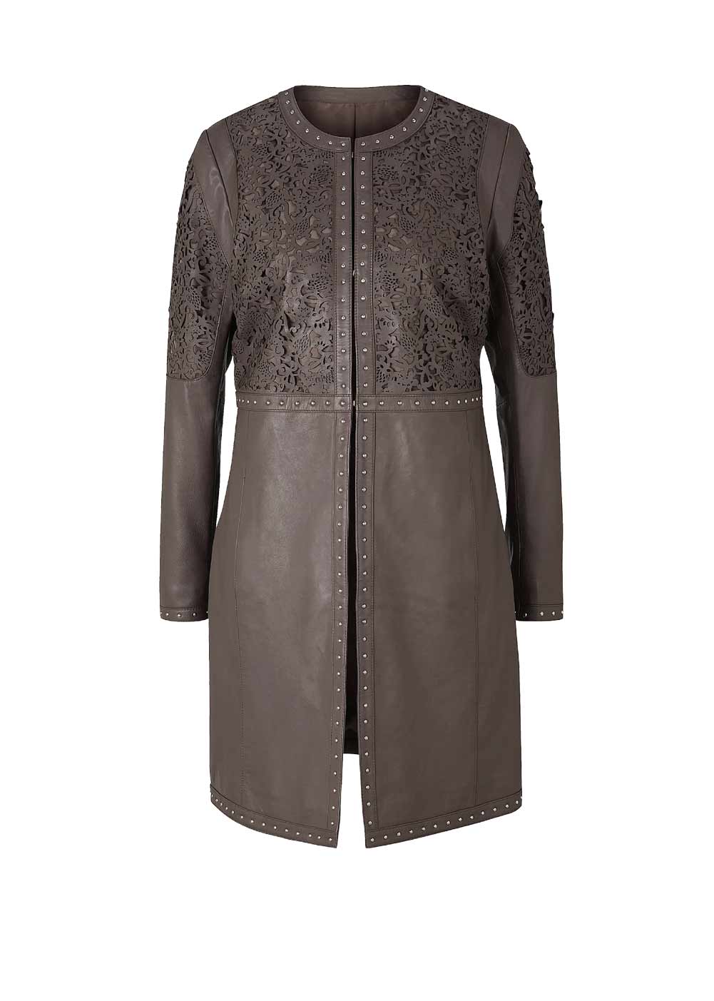 Damen Ledermantel grau mit Cut Outs lange Ärmel Nieten Verzierung Damen Ledermantel grau mit Cut Outs lange Ärmel Nieten Verzierung