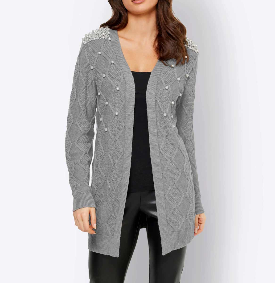 Damen Longstrickjacke mit Perlen, grau Damen Longstrickjacke mit Perlen, grau