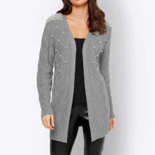 Damen Longstrickjacke mit Perlen, grau Damen Longstrickjacke mit Perlen, grau