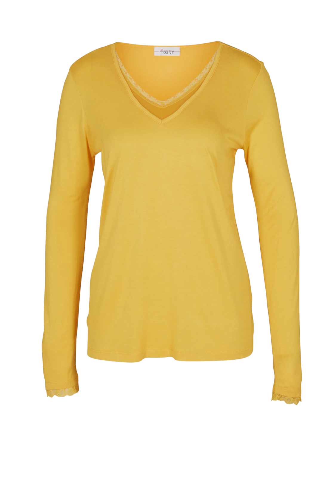 Damen Shirt Frühling Goldgelb Figurbetont V-Ausschnitt Freizeit Oberteil Damen Shirt Frühling Goldgelb Figurbetont V-Ausschnitt Freizeit Oberteil