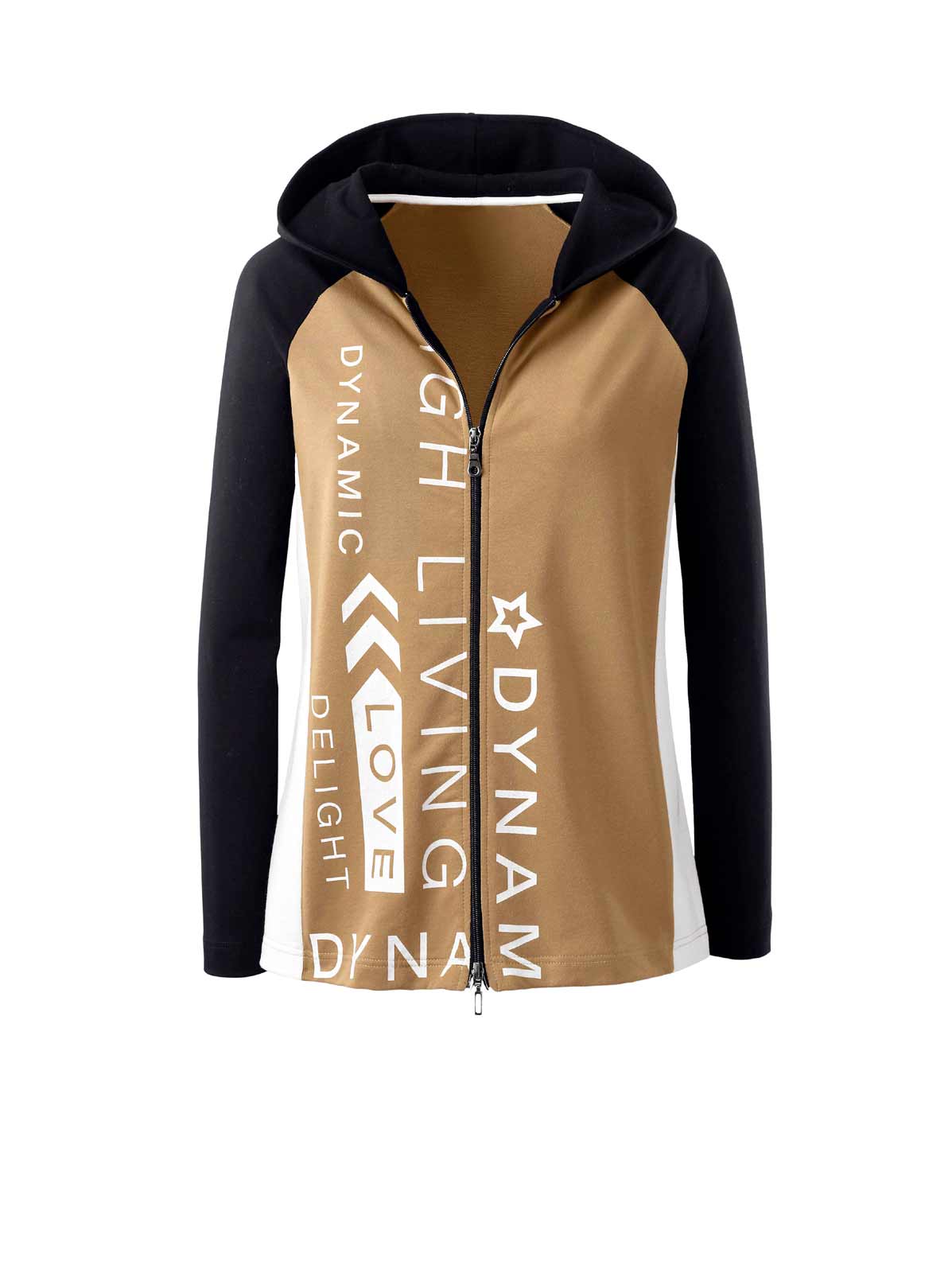 Damen Jacke Sweat Sweatjacke mit Schriftzug Kapuze Jersey Jacke  camel Damen Jacke Sweat Sweatjacke mit Schriftzug Kapuze Jersey Jacke  camel