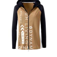 Damen Jacke Sweat Sweatjacke mit Schriftzug Kapuze Jersey Jacke  camel Damen Jacke Sweat Sweatjacke mit Schriftzug Kapuze Jersey Jacke  camel