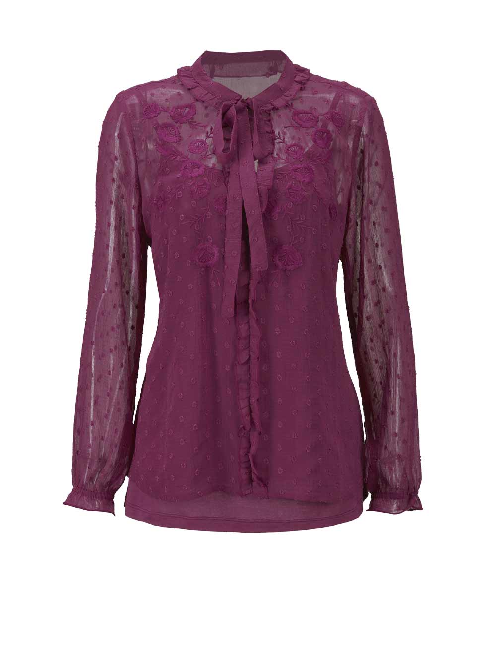 Damen Bluse 46 Oberteil Tunika lila transparent mit Top langarm mit Rüschen Damen Bluse 46 Oberteil Tunika lila transparent mit Top langarm mit Rüschen
